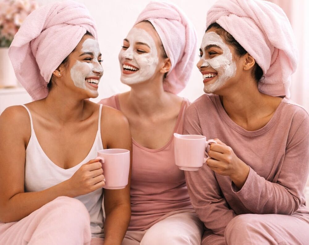 Tres mujeres sonrientes con mascarilla facial y toallas rosas