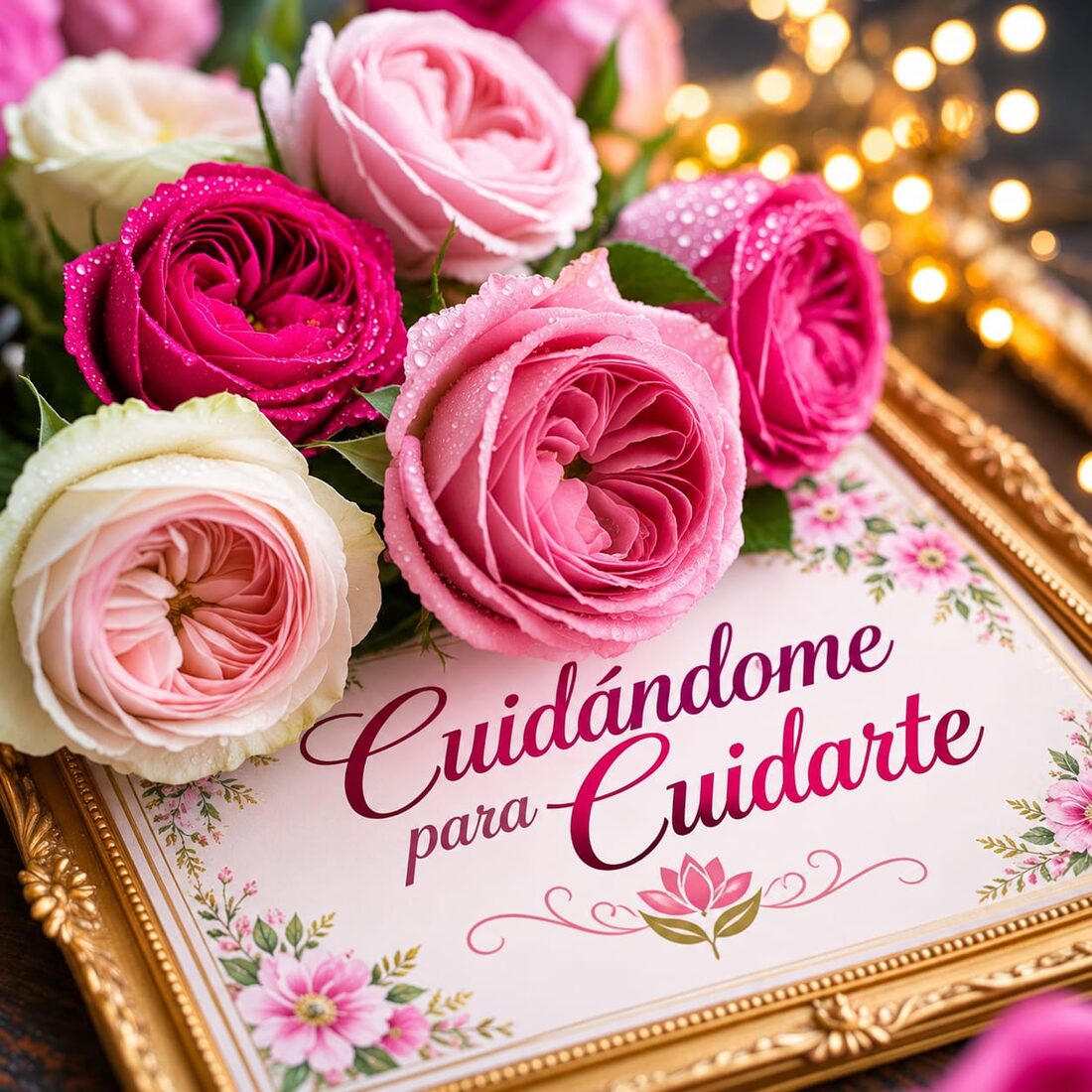 Rosas junto a un cartel con el nombre Cuidándome para Cuidarte